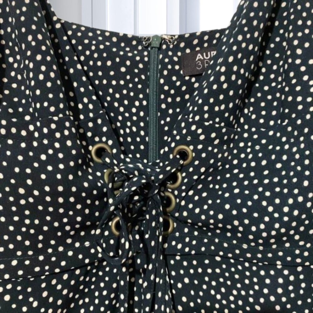 Audrey 3+1 Green Polka Dot Wide Leg Jumpsuit M Tie Front Spaghetti Strap Romper - Picture 6 of 12